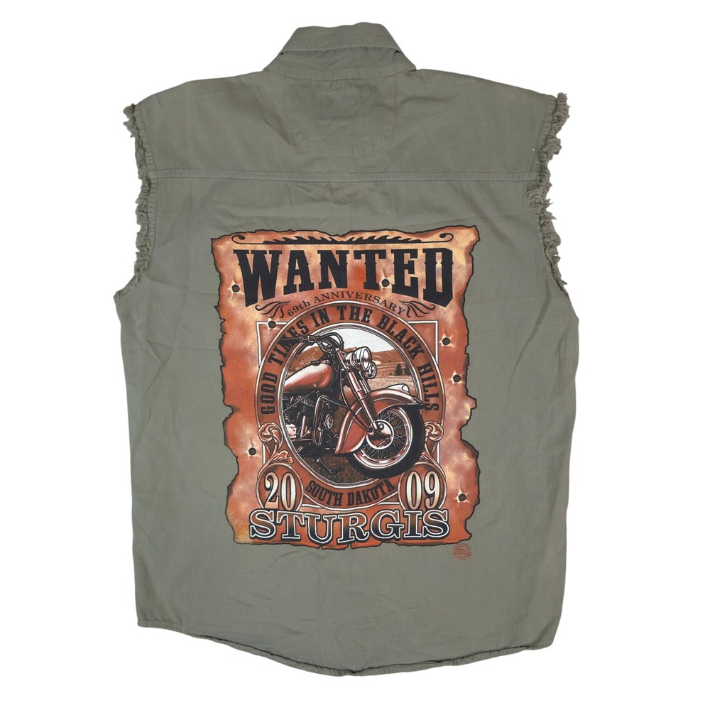 USA Biker Design Sturgis 2009 Men L Green Sleeveless Wanted Graphic Button Shirt